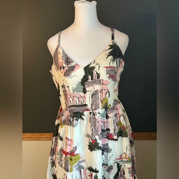 Anthropologie Lazy Bones Multicolor Cityscape Fit Flare Tiered Midi Dress Sz XS - Picture 6 of 12